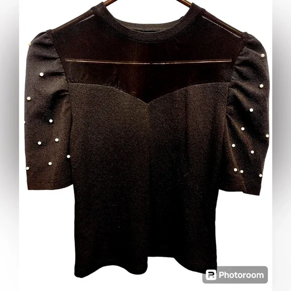 SHEIN sexy lil top, mesh & pearl accents on black, mock turtleneck, M. NWOT - Picture 2 of 8